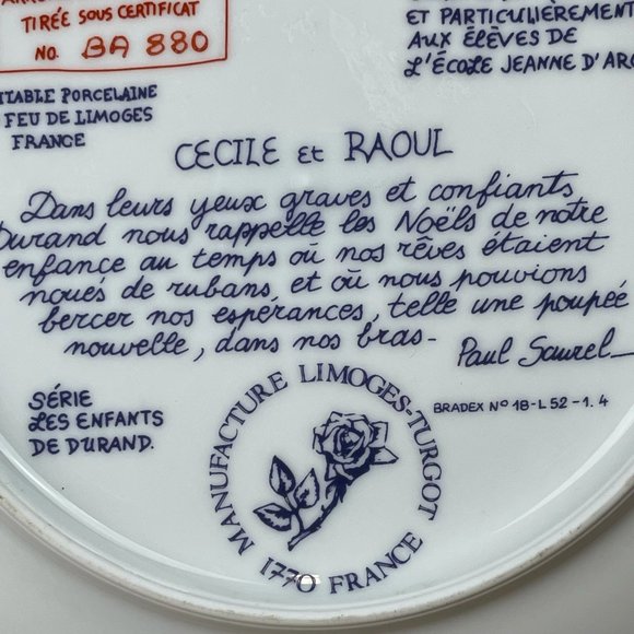 Limoges Paul Durand "Cecile Et Raoul" Christmas Plate 1981 Les Enfants De Durand - Picture 7 of 8